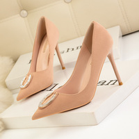 121-17 han edition retro fashion high heels for women's shoes heel with shallow mouth tip diamond metal buckle shoes