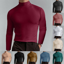 跨境男装男士长袖重磅弹力t恤男纯棉上衣透气时尚半高领打底衫男