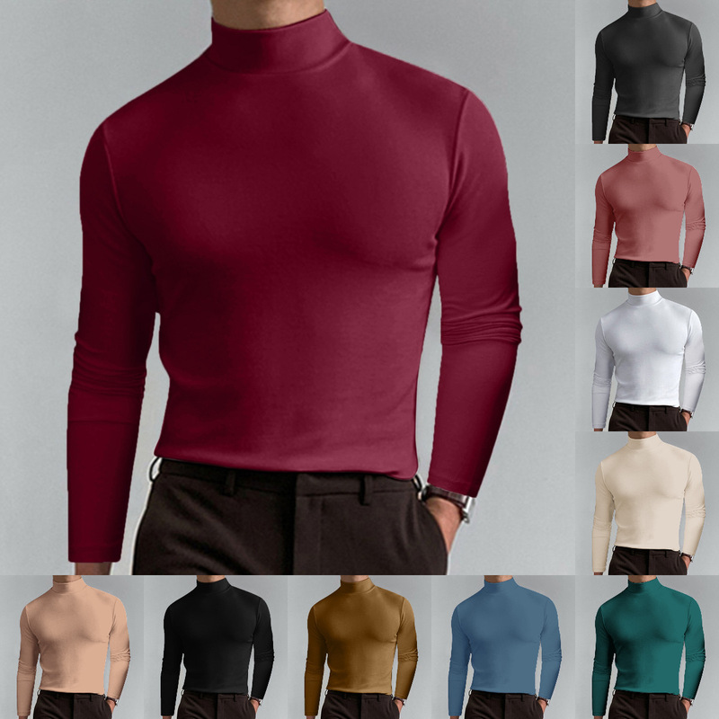 Cross-Border Men's Clothing, Men's Long-Sleeved Heavy-Duty Stretch T-Shirt, Breathable and Fashionable Half-High Collar Bottoming Shirt for Men