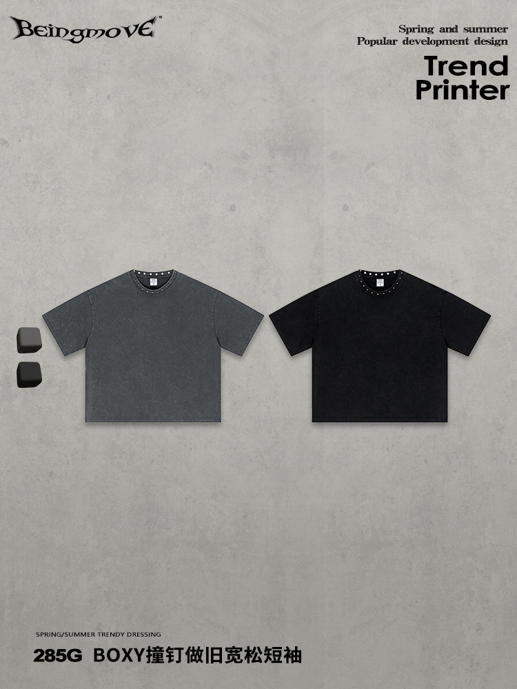 Calle secada| Primavera y verano retro europeo y americano hacer viejos clavos anchos cortos Boxy cuello redondo suelto camiseta de manga corta chaqueta de moda masculina