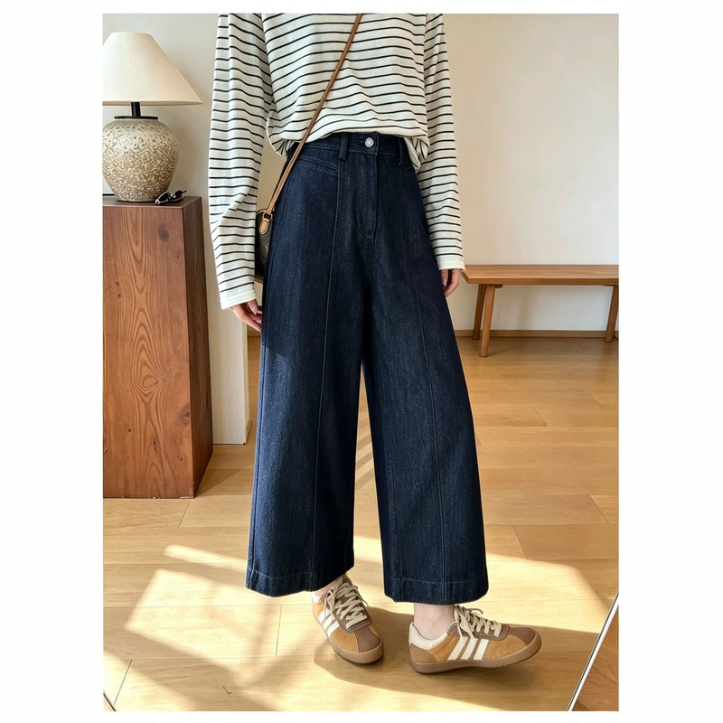 Pear-shaped figure friendly! ~ Dark-colored wide-leg jeans for women, 2026 new autumn slimming, casual, loose, cropped pants