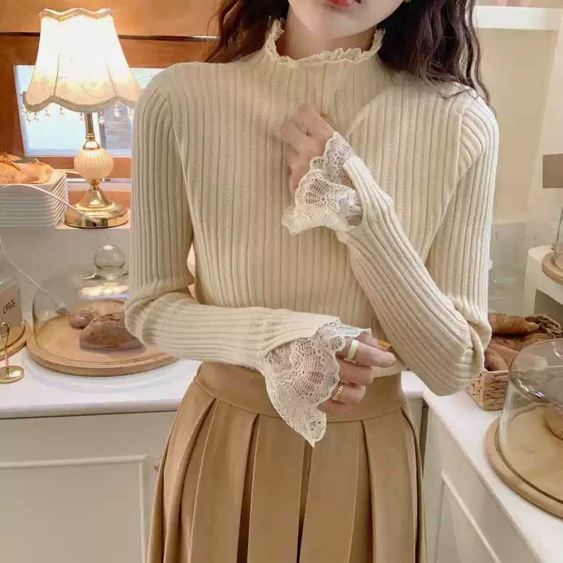 Lace stitching half turtleneck bottoming shirt sweater women's slim fit inner knitted top for autumn and winter 2024