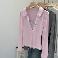 ins风穿搭粉色假两件翻领长袖T恤女装韩版2025秋季新款设计感上衣