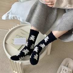 水貂絨襪子女柔軟小熊花邊加絨女襪珊瑚絨加厚月子襪可愛中筒襪子