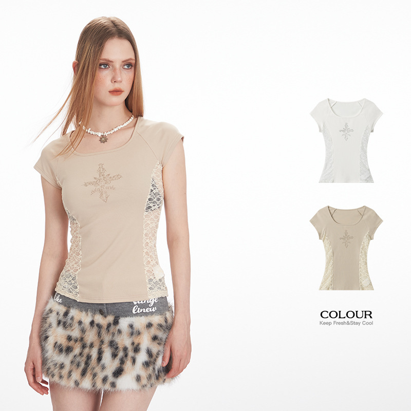 Heyhenry European and American Summer Printed Lace Splicing Sexy Design Short-Sleeved T-Shirt Women's Slim Sexy Top