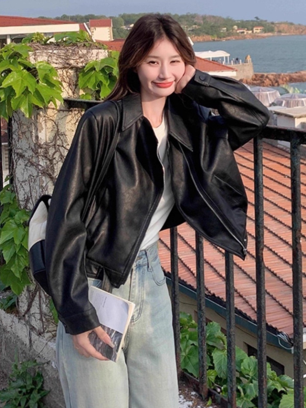 港风复古黑色酷炫皮衣机车服外套女秋冬新款小个子气质皮夹克上衣|undefined