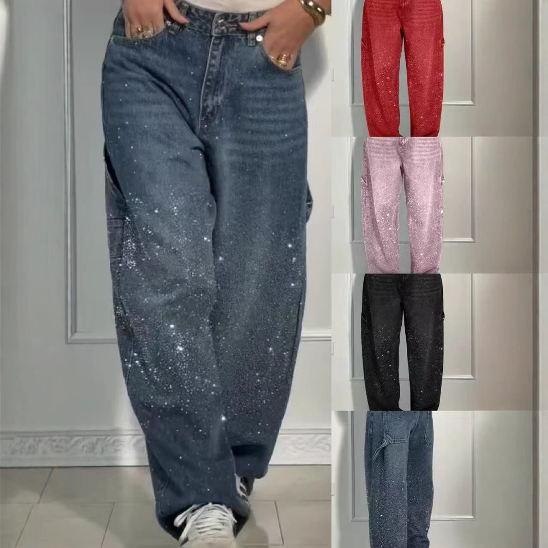 2026 Amazon Temu New Women's Clothing European and American Fashion Starry Rhinestone Jeans Casual Long Pants for Women