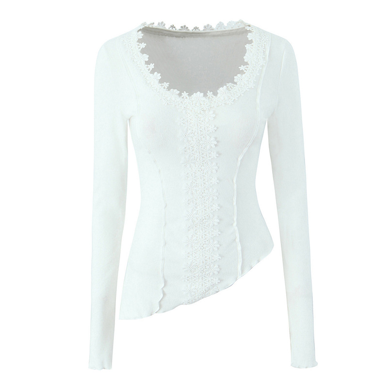 French V-neck Three-dimensional Lace Slim-fit Knitted T-shirt Women's Spring and Autumn New Spice Girl Irregular Slim Base Top