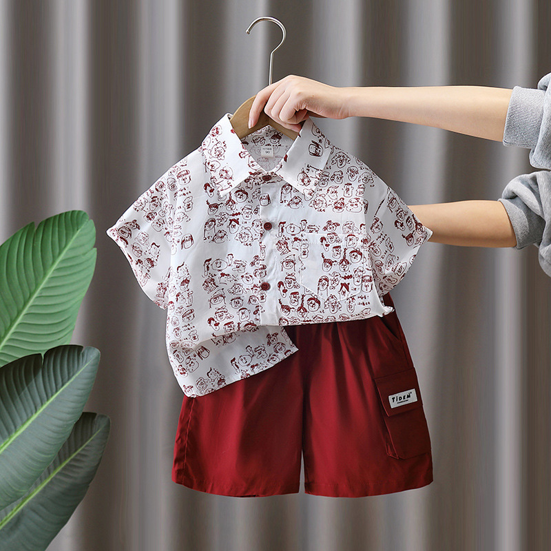 7320 traje de camisa de flores de manga corta para niños 2025 nueva ropa de moda de verano para niños, traje delgado de dos piezas