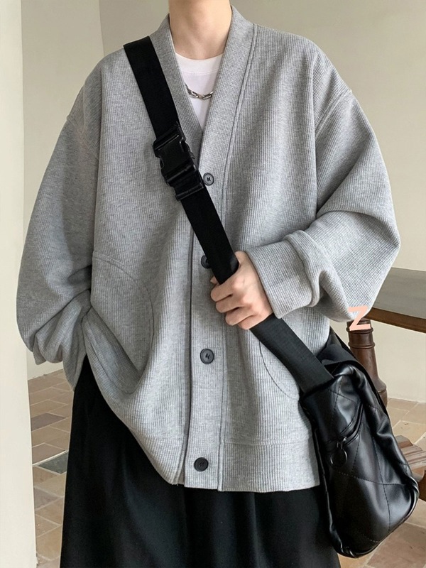 纯黑色日系慵懒风外套男潮感华夫格V领针织开衫情侣春秋夹克|undefined