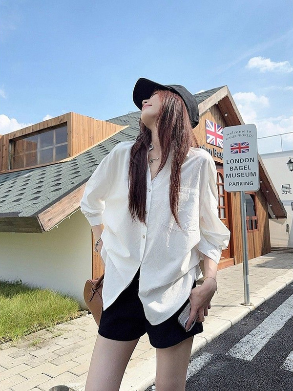 宽松polo领白色长袖衬衫女装秋季小众衬衣韩系慵懒松弛感开衫上衣|undefined