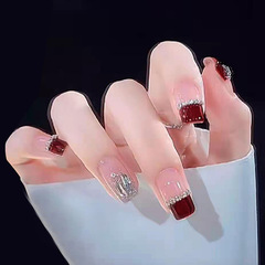 Autumn high-end white wine red French manicure piece mother-of-pearl chain diamond style wearable nails elegant luxury nails