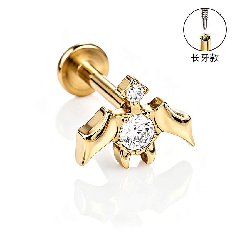 F136 Titanium Alloy Long Tooth Ear Studs, Carved Ear Bone Studs with Zircon, G23 Titanium Body Piercing Jewelry detail image 24