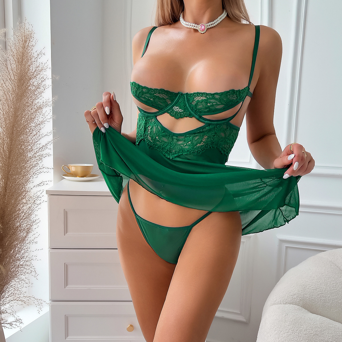 Completo intimo sexy europeo e americano, canottiera natalizia, camicia da notte, set due pezzi con perizoma, sottile e trasparente da donna._voghion.com