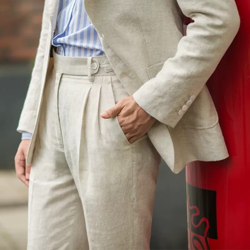 British Retro American Style Naples Men's Linen Pants Summer Loose Thin Casual Pants Paris Buckle