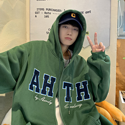 American-style hoodie jacket for men, autumn and winter version, trendy brand, loose, lined, winter hooded zipper cardigan garment