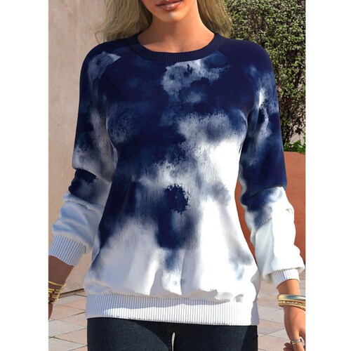  Western and Eastern Autumn Women's Tie-Dye Print Top - New Amazon Round Neck, Insert Shoulder, Long Sleeve Casual Loose Sweatshirt
