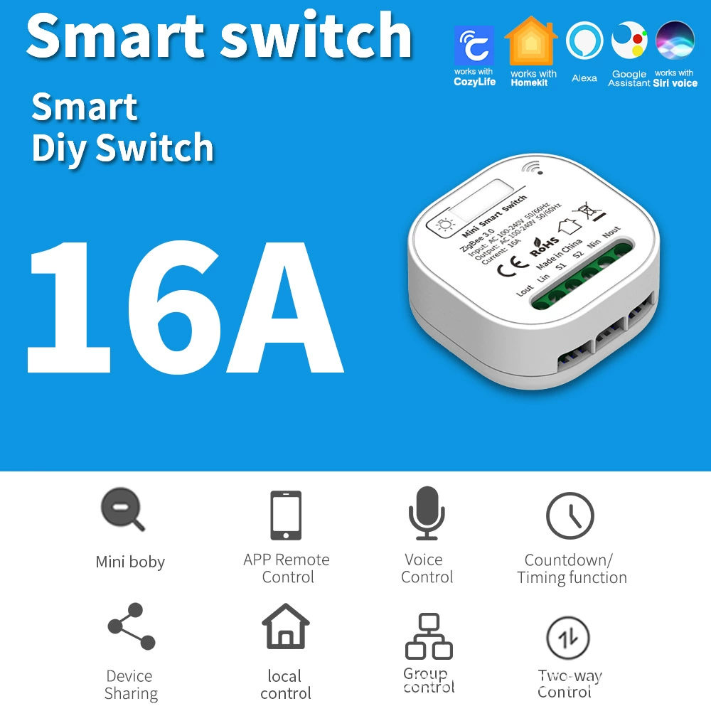 Wi‑Fi умный выключатель HomeKit 16A в монтажной коробке, приложение, дистанционное управление, таймер, наклейка CozyLife