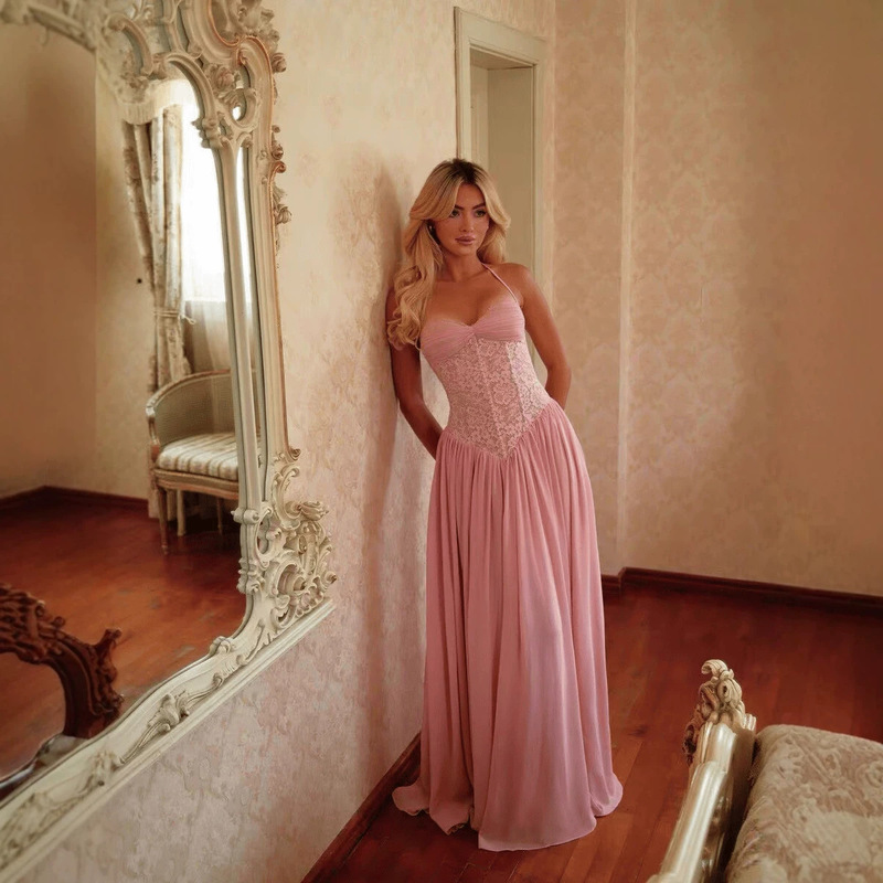 Independent website cross-border foreign trade European and American women's fashion new French-style elegant high-end socialite lace strap dress Independent website cross-border foreign trade European and American women's fashion new French-style elegant high-end socialite lace strap dress