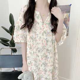 法式碎花珍珠扣短袖睡裙夏季新款舒适透气纯棉纱宽松家居服长裙女