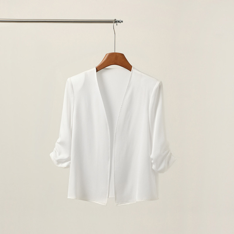 Elegant Casual Acetate Linen Cardigan Jacket for Women, Summer Thin Style, Short Length for Petite Figures, Slimming, Collarless, Buttonless Blazer for Commuting