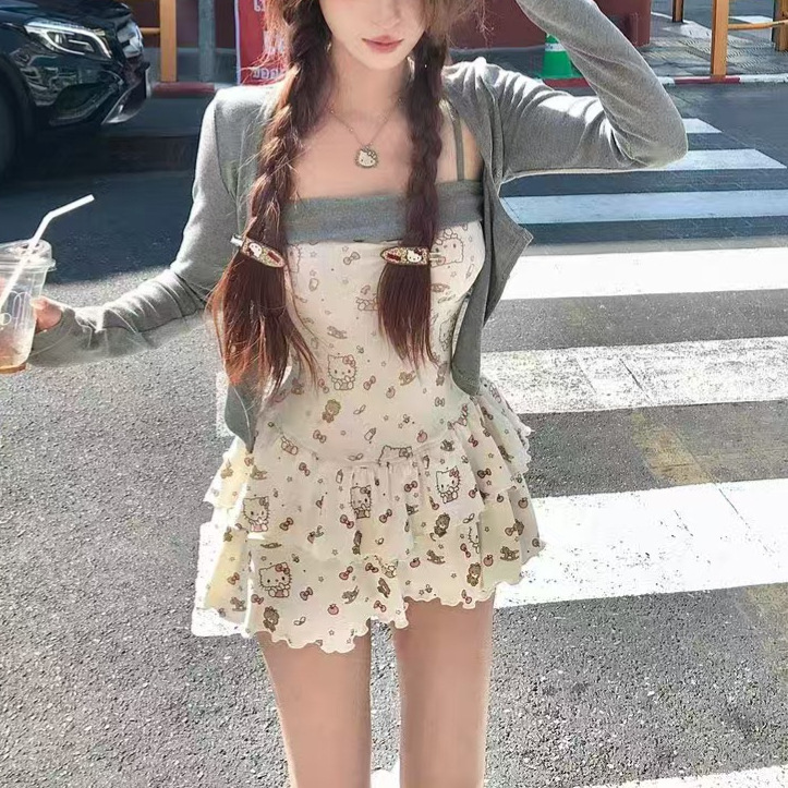 Spring and Summer New Sweet and Spicy Floral Slim Fit and Gentle Style Suspender Dress + Cardigan Jacket Dropshipping
