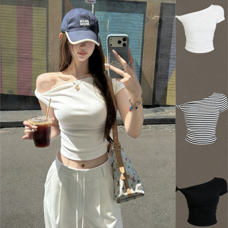 Stylish Asymmetrical Neckline Off-Shoulder Short-Sleeve T-Shirt for Women, Summer Niche Pure Desire Spicy Girl Slim-Fit Slimming Short Top