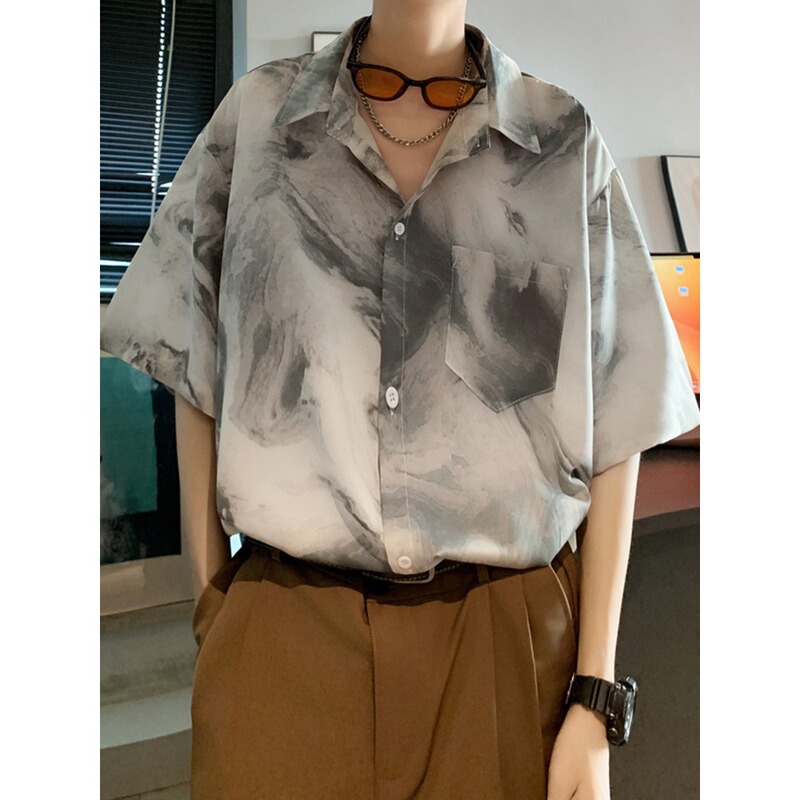 Fat Brother Tie-Dye Short-Sleeve Shirt for Men, Summer Ice Silk Large Size Loose Fit Floral Shirt Jacket for Men