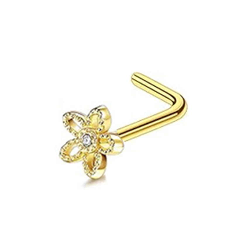 Stainless Steel Nose Stud With Zircon Stone L-shaped Piercing_voghion.com