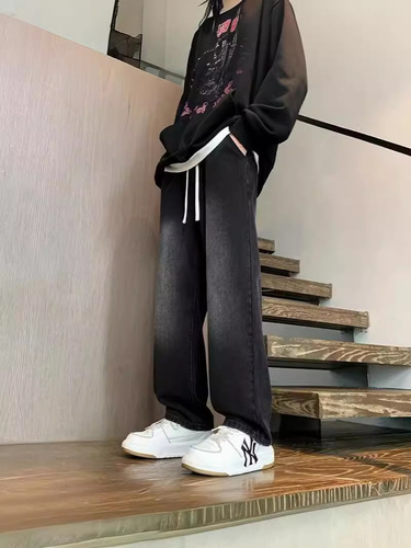 Spring and Autumn Men's Black American Retro Wide Leg Straight Leg Loose Casual Long Pants for Summer