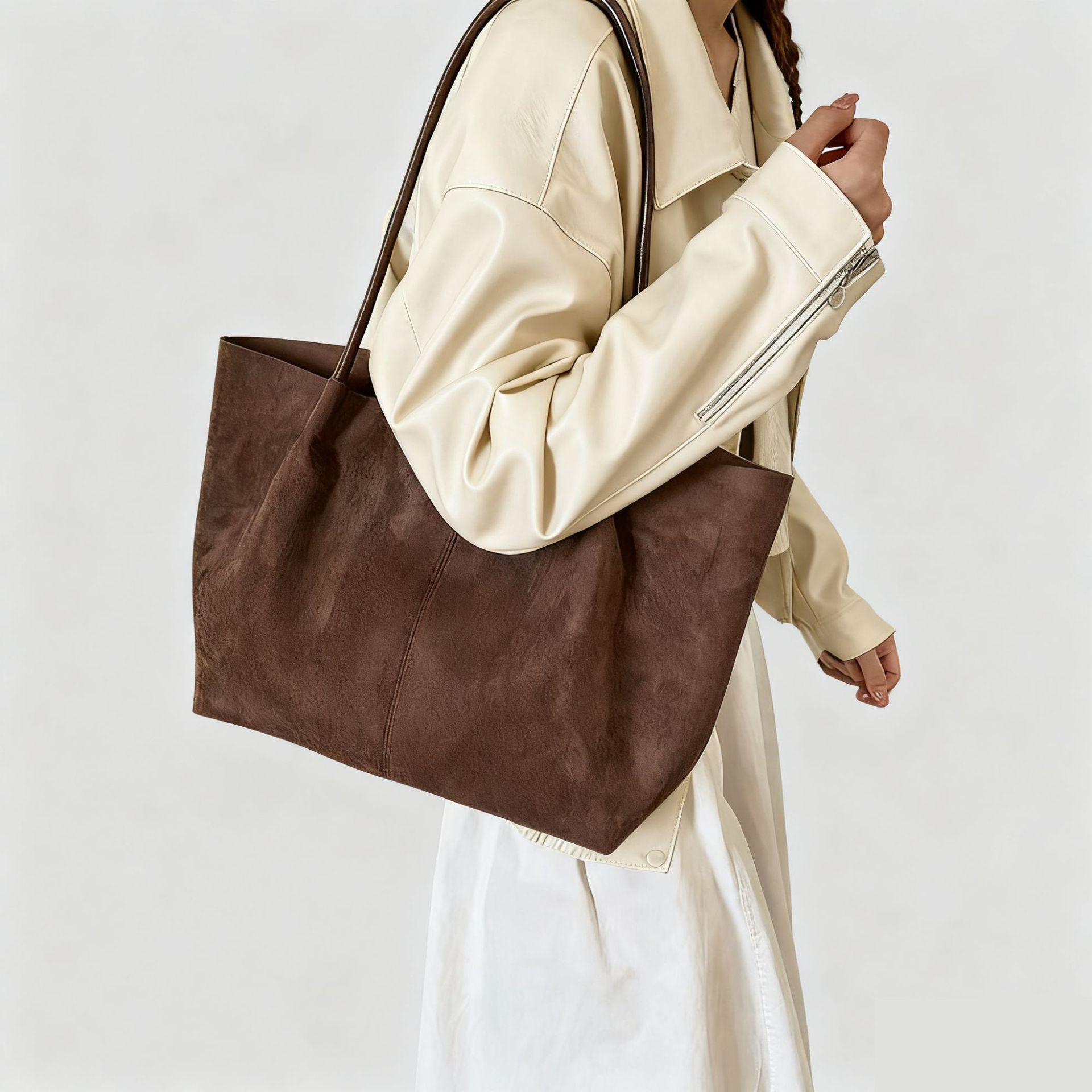 Cross-Border New Retro Suede Shoulder Bag For Women, High-End Large Capacity Tote Bag For Work And Commuting - Thumbnail 2