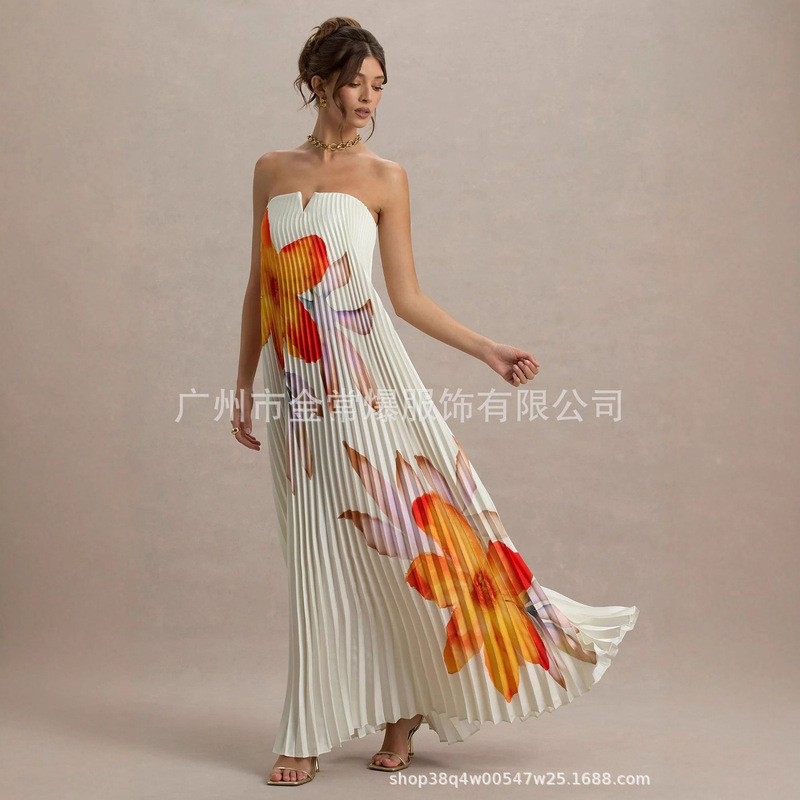 2025欧美跨境亚马逊时尚气质印花褶皱连衣裙无袖抹胸法式度假长裙|undefined
