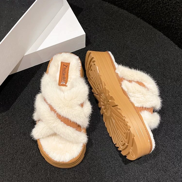 Pelzige Hausschuhe für Damenoberbekleidung im Herbst 2023, Baumwollhausschuhe mit offener Spitze_voghion.com