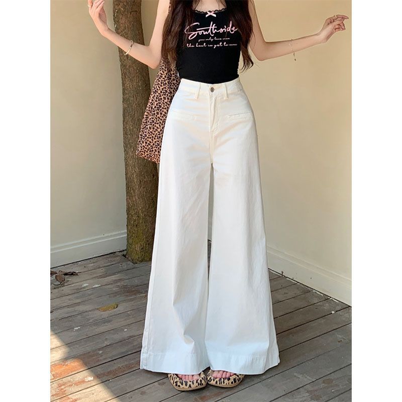 白色直筒阔腿牛仔裤女早秋新款裤子高腰宽松小个子拖地裙裤喇叭裤