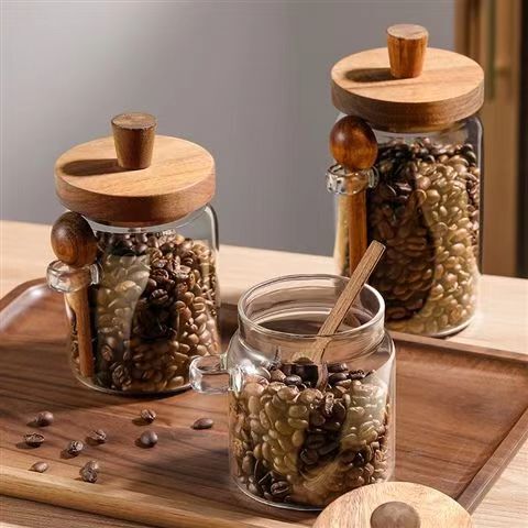 Coffee Bean Storage Jar Borosilicate Glass Acacia Wooden Lid Moisture-proof Seasoning Bottle Kitchen Grain Storage Jar