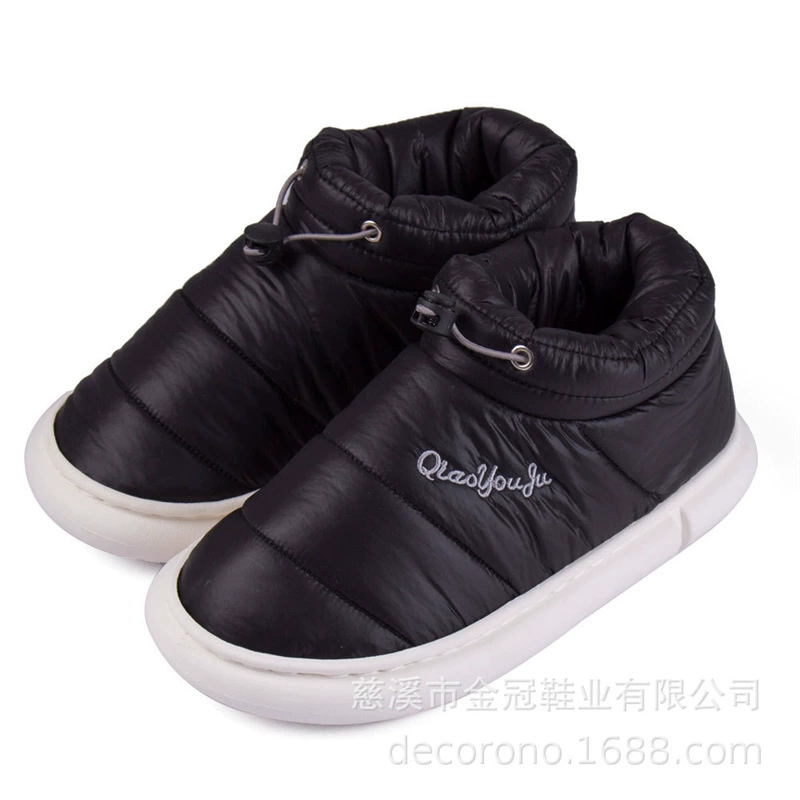 Зимние домашние тапочки для дома и улицы для мужчин и женщин, домашняя и уличная хлопчатобумажная обувь из пуховой ткани, теплая хлопчатобумажная подошва на толстом каблуке из ПВХ.