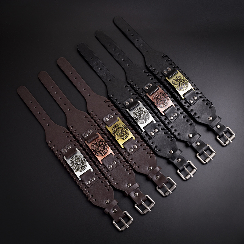 Simple Retro Viking Compass Leather Bracelet