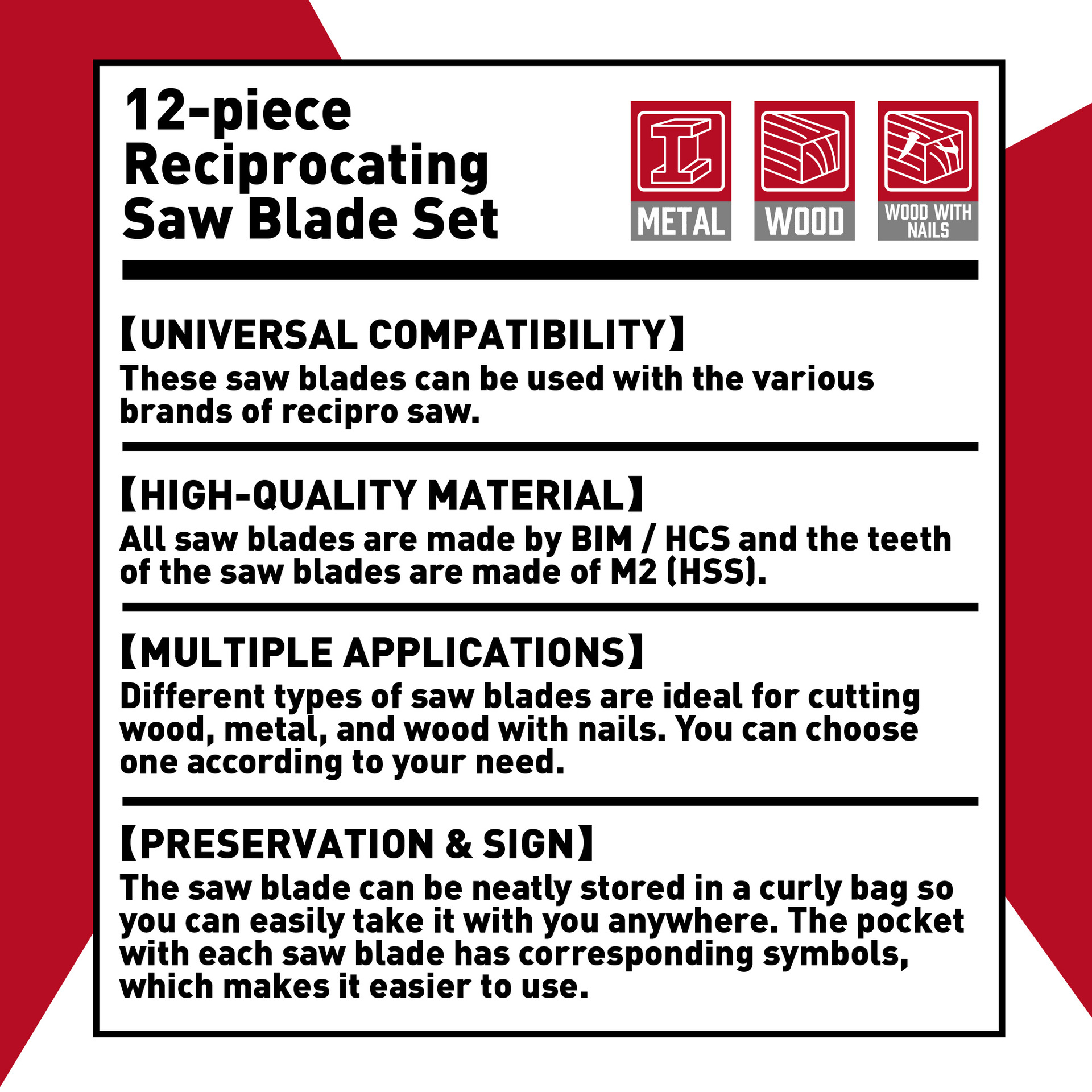 Set de 12 piezas de hoja de sierra recíproca - hoja de sierra de calidad, hoja de corte duradera de madera y metal con almacenamiento