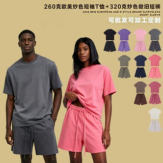 欧美跨境新品圆领落肩短袖t恤男潮牌oversize复古洗水做旧t恤套装