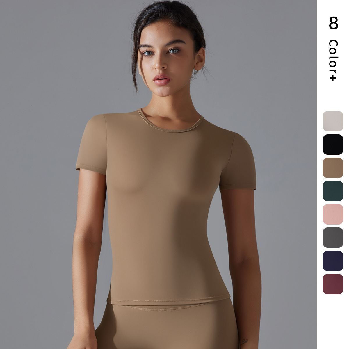Nuevo color sólido de dos lados abrasivo alto elástico apretado ropa de yoga transpirable mangas cortas camiseta deportiva de ejercicio de yoga