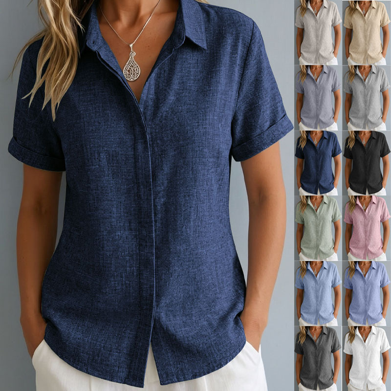 2026 European and American Women's Summer Faux Linen Short-Sleeve Shirt with Turn-Down Collar, Casual Loose Button-Up Top 2026 European and American Women's Summer Faux Linen Short-Sleeve Shirt with Turn-Down Collar, Casual Loose Button-Up Top