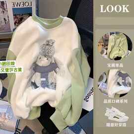 大码高街潮牌撞色圆领卫衣女2026年冬季设计感拼接上衣