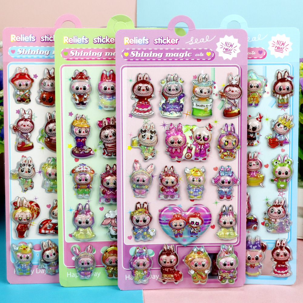 Laser Labubu 3D Stereo Relief Fun Stickers Labubu Stickers Elf Cartoon Rabbit Stickers