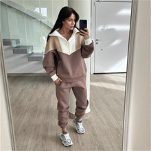 2025亚马逊ebay热卖欧美外贸女装秋冬新款拼色翻领卫衣套装两件套