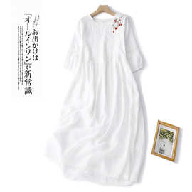 高端设计感白色刺绣棉麻连衣裙2023夏季文艺大码女装大摆长裙