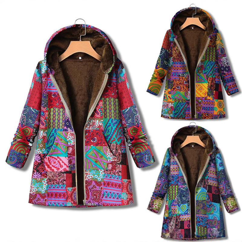 Autumn and Winter new cotton and linen coat women's retro warm printed pocket thickened zipper hooded overcoat jacket Autumn and Winter new cotton and linen coat women's retro warm printed pocket thickened zipper hooded overcoat jacket
