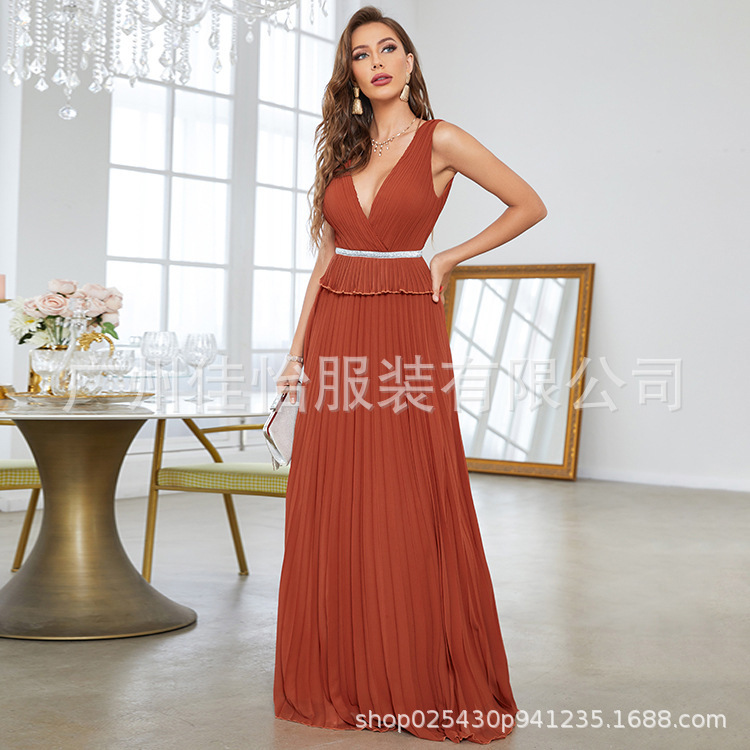 Evening Dress Sexy Backless V-Neck Sleeveless Women's Solid Color Elegant Ruched Chiffon Spring Backless Sexy