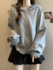 灰色连帽卫衣开衫外套女款秋季2025大码胖mm显瘦设计高级感边上衣