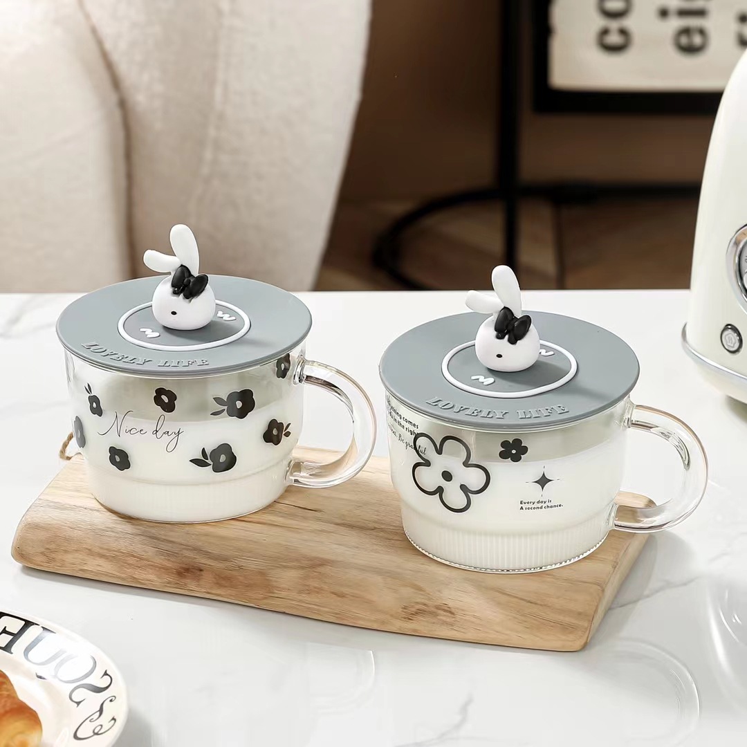 Creativo de cristal gris flor conejo taza personalizada de gran capacidad de la taza de leche del desayuno