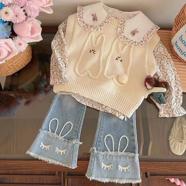 Apricot rabbit, vest, shirt, jeans